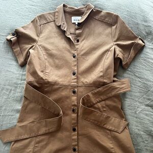 Like New Sézane Short Khaki Shirt Dress with Waist Tie